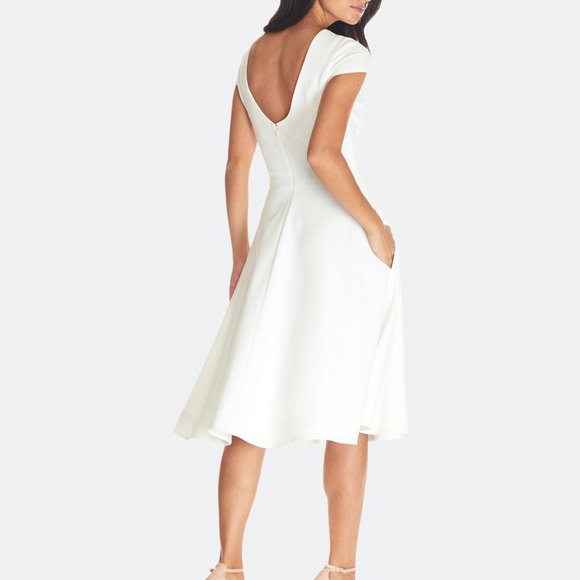 DRESS THE POPULATION FIT AND FLARE CREPE MIDI Dress, SZ .XS,IVORY, NEW - Picture 4 of 7